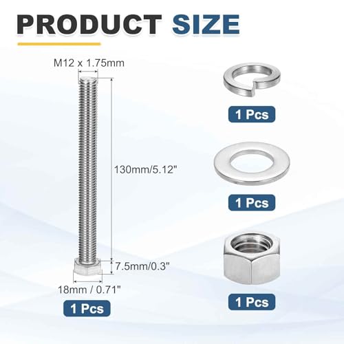 MECCANIXITY M12 x 130mm 304 Stainless Steel Hex Head Screws Bolts, Nuts, Flat & Lock Washers Assortment Kit, Fully Threaded, Bright Finish for Home, Electronic, Machine, 1 Sets - size: M12 x 130mm