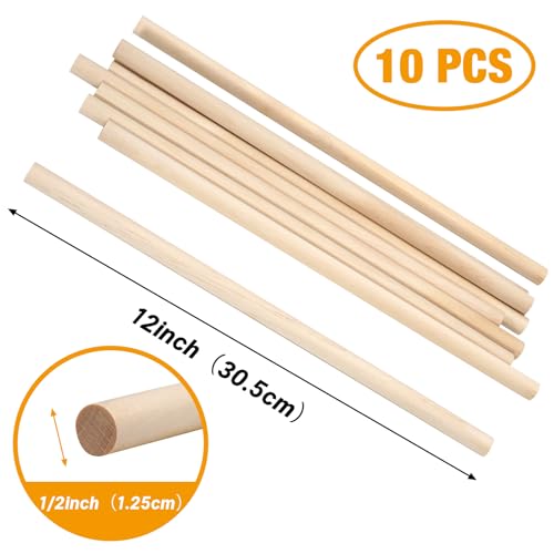 Wooden Dowel Rods Wood Dowels for Crafting 1/2 x 12 Inch, 10 PCS Macrame Wood Rods Round Wooden Sticks for Crafts, Unfinished Birch Hardwood Sticks for Crafts and DIYers, Wands Flags - size: 1/2"×12"-10 PCS