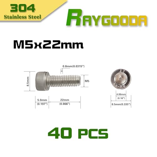 M5x0.8 x 22mm Socket Head Cap Screws Metric, 304 Stainless Steel (A2-70), Allen Socket Drive, Bright Finish, Full Thread, Rust & Corrosion Resistant, for Automotive, Machinery & DIY, 40 PCS - size: M5x22mm (40 PCS)