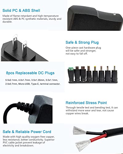 12.6V 1A Power Supply Adapter 100-240 AC to DC 12V 12.6V 1000mA AC/DC Power Supply Transformer with 8Pcs Multi Tips 5.5x2.1mm 3.5x1.35mm Micro-USB for Massage Gun Aircraft Model Ball Launcher