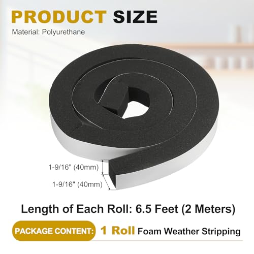 uxcell Weather Stripping Door Seal, 1-9/16" x 1-9/16" x 6.5 Ft Adhesive Foam Tape Seal Soundproof Insulation Strips for Door Frame Window Gaps (1 Roll, 6.5 Feet) - size: 1-9/16" x 1-9/16" (6.5 Ft)