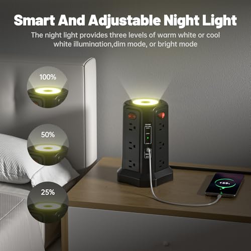 PASSUS Tower Surge Protector Power Strip with PD 65W USB C Port - color: Black-4C1A