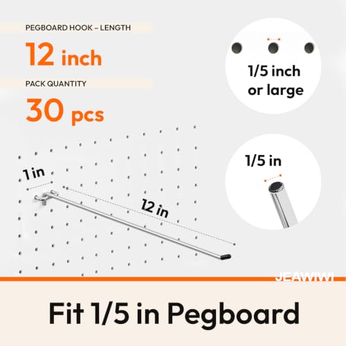 JEAWIWI 30 Pcs Metal Pegboard Hooks, 12 Inch, Fit 1/5 in Peg Board - size: 12in 30pcs
