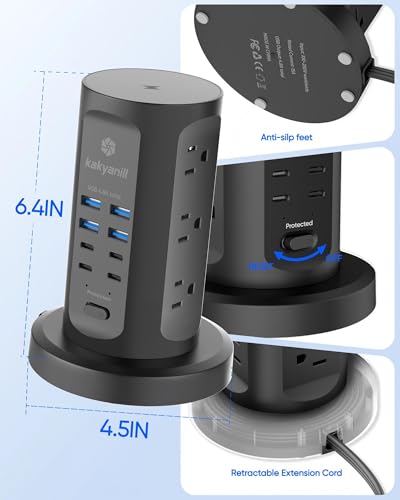 Power Strip Tower, kakyanill Charging Station 9 AC Outlets 8 USB Ports - color: Black, size: 24W