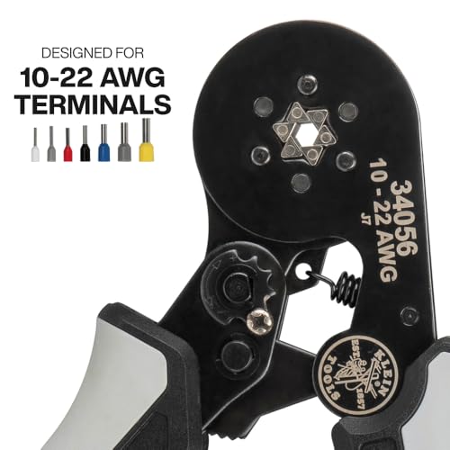 Klein Tools 34056 Ferrule Crimping Tool, Hex Crimper Pliers for 10 to 22 AWG Wire Terminals, Built-In Adjustable Ratchet, for Electrical Work - size: Hex Crimper