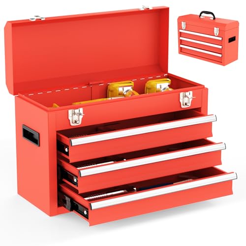 3 Drawer Metal Tool Box, Portable Metal Tool Box with EVC Liners and Latches Closure, Heavy Duty Steel Tool Chest with Ball Bearing Opening and Powder Coated Finish, Red - color: Red