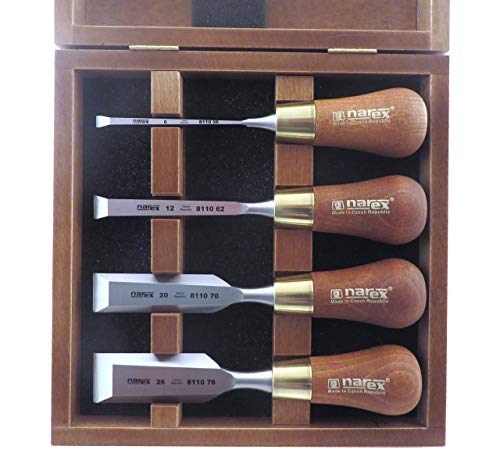 Narex 4 pc set 6 mm (1/4) , 12 mm (1/2) , 20 mm (11/16) , 26 mm (1-1/16) Butt Woodworking Chisels in Wooden Presentation Box 853750