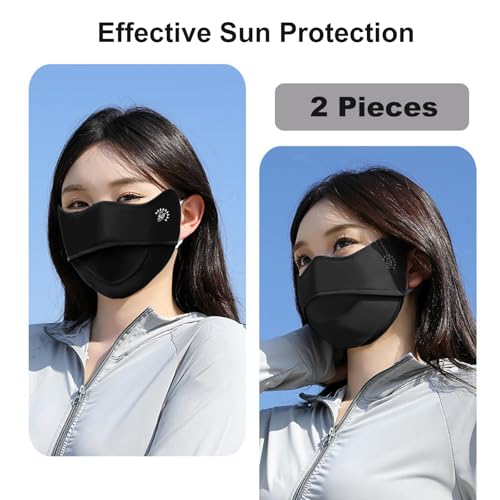 2Pcs UV Face Mask, Sun Masks for Women, Cooling Breathable Face Cover for Outdoors, Washable Reusable - color: Black, Black