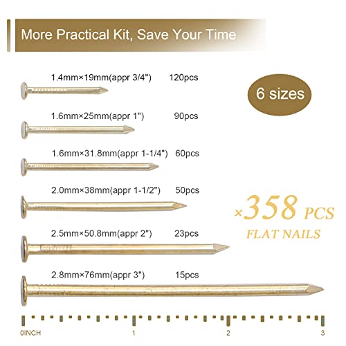 358PCS Brass Plated Nails Assortment Kit, 6 Sizes for Hanging & Woodworking - style: 358pcs Gold Nails
