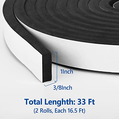 Kikerike Self Adhesive Foam Tape Weatherstrip 1In x 3/8In x 33Ft High Density Foam Insulation Strips Seal Weather Stripping with Strong Adhesive for Door and Window Sound Isolation Soundproofing - size: 1in x 3/8in x 33Ft