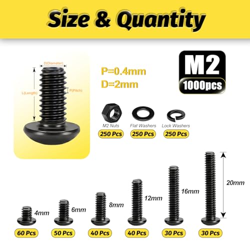 KADRICK 1000PCS M2 Screw Kit,Hex Socket Button Head Bolts 4mm-20mm - size: M2 1000Pcs 4-20mm