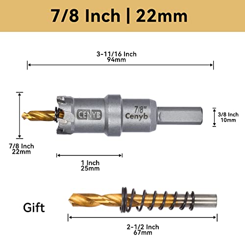 7/8" (22mm) Tungsten Carbide Tipped Hole Saw with 2Pcs Titanium-Plated Pilot Drill Bits for Hard Metal,Stainless Steel,Iron,Aluminum Alloy,Wood and Plastic - size: 22mm | 7/8"