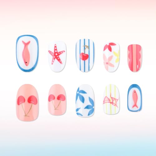 Summer Press On Nails Short Almond Colorful Starfish Fish Flower Stripes - color: Style30