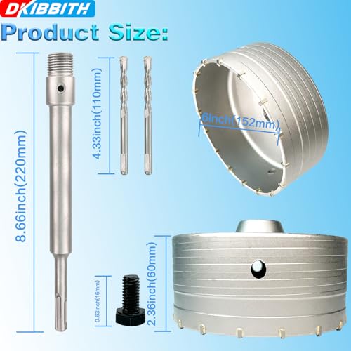 6" Concrete Hole Saw, 152mm Tungsten Steel Core Bit for Cinder Block, Brick, Rock, Plank Walls for Pipes or mini Split Lines, with SDS Plus Shank and 2 Center Positioning Drill Bits. - size: 6"
