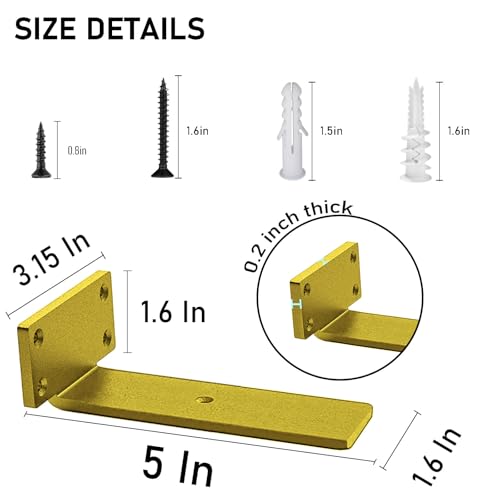 Advanced Heavy-Duty Shelving Bracket - 5-Inch Floating, 0.2-Inch Thick Gold L-Shaped Solid Steel (6 Pieces) - color: Gold, size: 5 Inch