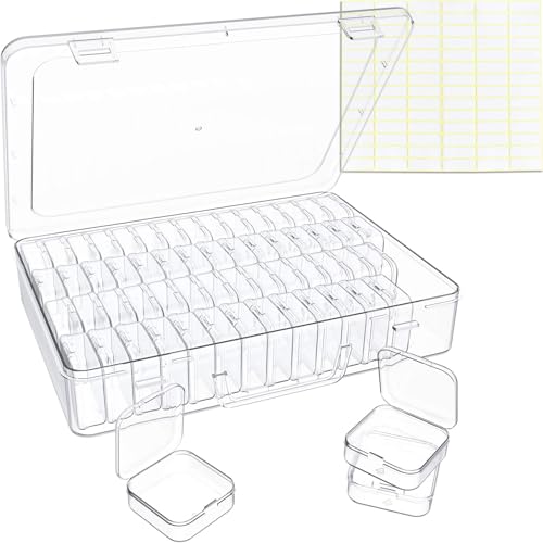 Bead Organizer Box, 60 Pack Small Clear Storage Boxes with Labels, Large Travel Craft Case with Handle, Mini Plastic Containers for Jewelry Making Diamonds DIY Pony Bracelet Screws Seeds Small Parts - size: 1 Pack 60 Pcs