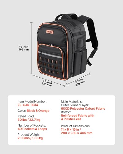VEVOR Tool Backpack, 49 Pockets, Heavy-duty Tools Storage Organizer Work Bags Backpack with Laptop Compartment & Reinforced Fabric Base, Electrician Jobsite Backpack for Electrician, Repairman - size: 49 Pockets + Non-Rolling