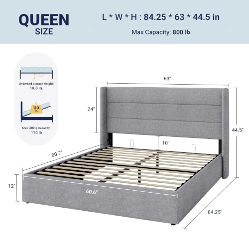 Allewie Queen Size Lift Up Hydraulic Storage Bed Frame Light Grey - color: Light Grey, size: Queen, style: Modern