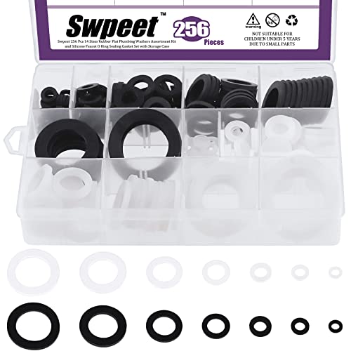 Swpeet 256Pcs 7 Sizes Flat Rubber and Silicone Washers O Ring Plumbing Washers Assortment Kit, Flat Gasket Hose Gasket Set Sealing Washer for Shower Head Washers Garden Faucet Water