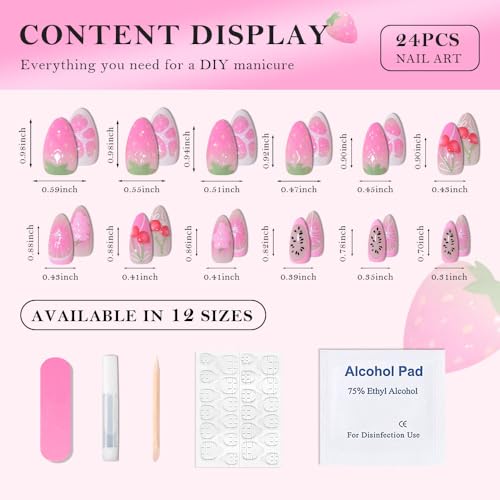 Spring & Summer 3D Fruit Colour Press On Nails Medium Almond, 3D Cherry Strawberry Sweet Orange Designer Reusable Acrylic Fake Nails, Salon Quality False Nails. Daily Wear Nails For Women - color: LF-3536, size: 24 Pieces (Pack of 1)