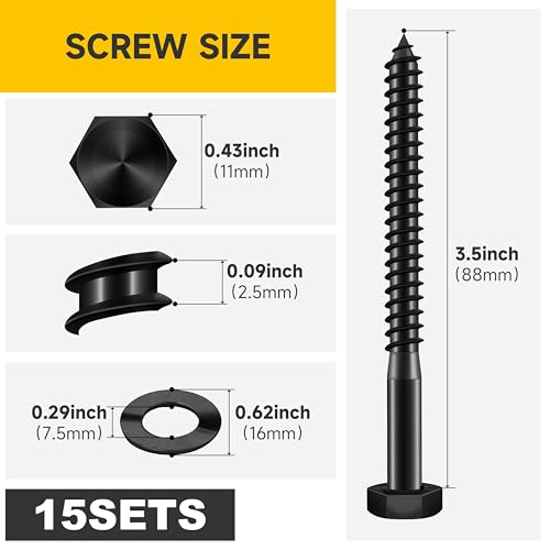 MYWISH (15Sets) 1/4" x 3-1/2" Hex Head Lag Bolts, Heavy Duty Lag Screws with Washers, 304 Stainless Steel Bolts 18-8, Lag Screws Wood Screws, Partial Thread Black Oxide, 1/4 Bolt - size: 1/4 x 3-1/2" (15 set)