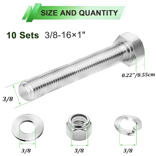 10 Sets 3/8-16×1" Stainless Steel Hex Head Screws Bolts, Nuts, Flat & Lock Washers,18-8(310) Full Thread - color: Silver, size: 3/8-16×1"(10 Sets)