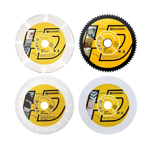 HIGHDRIL 3" 75mm Circular Saw Blade Set 4pcs - Diamond/HSS/Carbide Cutting Disc for Angle Grinder Cutting Metal Copper Aluminum Plastic Wood Glass - size: MIX 6