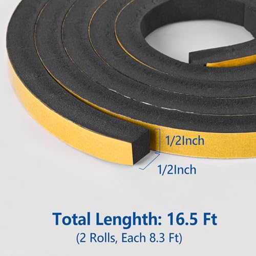 Self Adhesive Foam Tape Weatherstrip 1/2in x 1/2in x 16.5Ft High Density Foam Insulation Strips Foaming Seal Weather Stripping with Strong Adhesive for Door and Window Sound Isolation Soundproofing - size: 1/2in x 1/2in x 16.5Ft