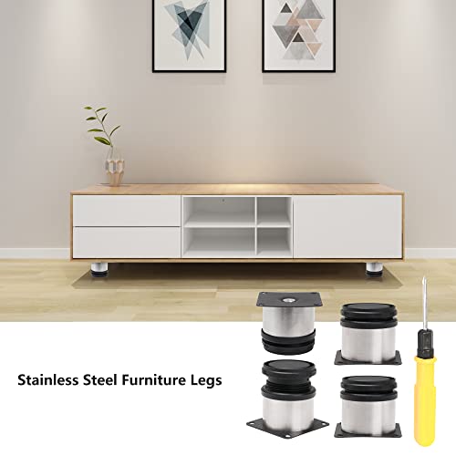 Furniture Cabinet Metal Legs Adjustable Stainless Steel Kitchen Feet Round Black and Silver 50 x 50mm Pack of 4