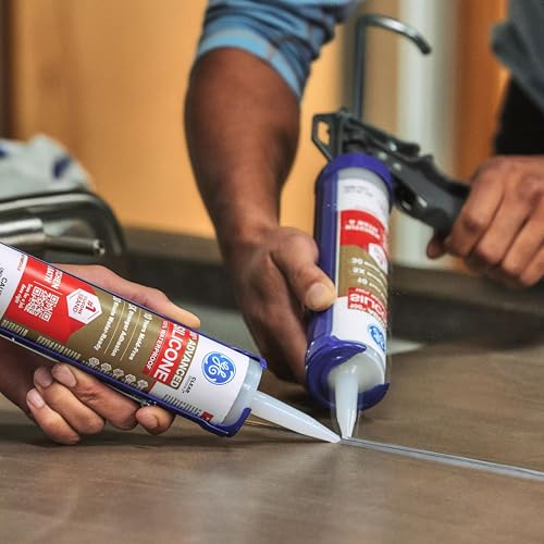 GE Advanced Silicone Caulk for Kitchen & Bathroom, White, 10 fl oz Cartridge, 1 Pack - 100% Waterproof Silicone Sealant, 5X Stronger Adhesion, Shrink & Crack Proof - size: Pack of 1, style: White