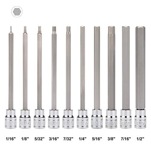 Mayouko 3/8" Drive Extra Long Allen Hex Bit Socket Set, S2&CR-V, SAE, 10 Pieces, 1/16 Inch - 1/2 Inch - style: Hex(SAE)