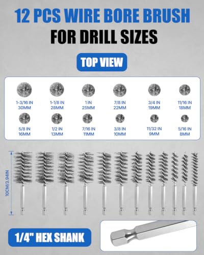 12 Pcs Stainless Steel Wire Bore Brush for Drill with 1/4” Hex Shank, Wire Brush Bore Cleaning Brush Set, Drill Attachment for Tube Cleaning, Pipes, Tubes, Polishing (5/16"-1-3/16")