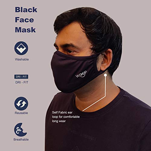 Woop Face Mask, Washable Reusable Black Face Masks For Health Protection n Skin Care Unisex Mouth Filter Facemask, Soft Dri-Fit Handmade in India, Nose to Chin Mud & Pollution Dust Cover - SET OF 7