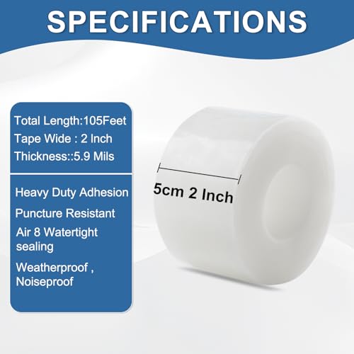 Transparent Window Weather Sealing Tape 2IN x 35 yd Draft Isolation No Residue Removable Adhesive Waterproof Windows Doors Shower Glass AC Units Ideal for Winter Seal & Summer Cold Air Loss Prevention - size: 2 In x 105 FT