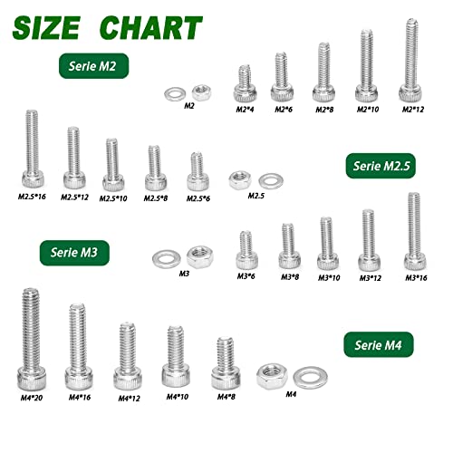 1200pcs M2/M2.5/M3/M4 hex Socket Head Cap Screws Bolts Nuts Washers Assortment Kit, 304 Stainless Steel Metric Screw Set, Small Bolts and Nuts Kit - size: sllver 1200pcs hex socket haed cup screw