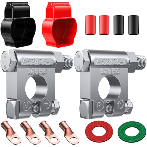 Battery Terminal Connectors Kit, Heavy Duty Negative Positive Auto Car Marine Terminals, with 4 Pcs 2 Gauge 3/8" Copper Lugs, 4 Heatshrink Tubes, 2 Protective Covers and 2 Anti Corrosion Washers - color: Glossy Silver