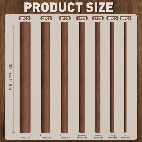 32Pcs 7 Size Walnut Wooden Dowel Rods 11.8 Inch Long Wooden Dowel Rods Sticks 4/6/8/10/12/15/18mm Wood Sticks for Crafts Unfinished Round Sticks for Crafts and Woodworking Building Material - size: 11.8inch