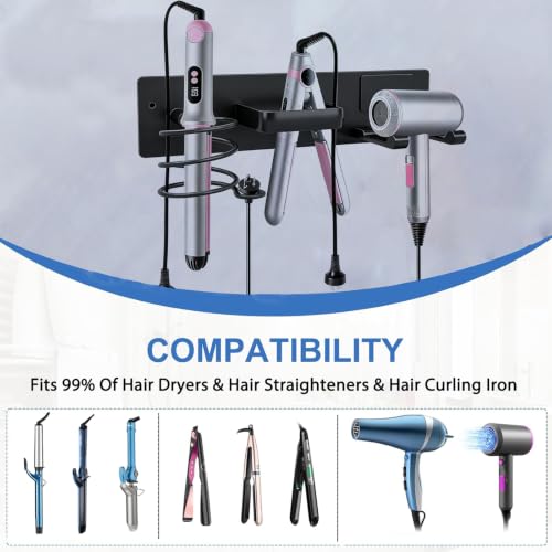 3-in-1 Aluminum Hair Dryer Holder, Matte Black Styling Tools Rack | No Drill Heat Resistant Wall Hair Tool Stand for Blow Dryer, Flat Iron & Curling Iron, Bathroom Rental Homes, No Wall Damage - size: A