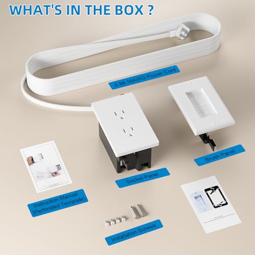 in Wall Cable Management Kit,Recessed Outlet Box for Wall Mount TV, Outlet Relocation Kit for Relocating Unreachable Electrical Outlets,2 AC Outlets,in Wall Extension Cord
