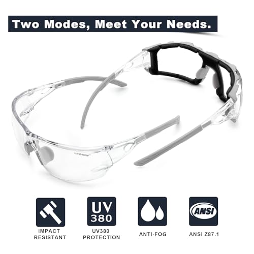 UKNOW Safety Glasses - Anti Fog Wraparound Lenses - Removable Foam Gasket - ANSI Z87.1 Protective Eyewear - Impact Resistant - color: Gray