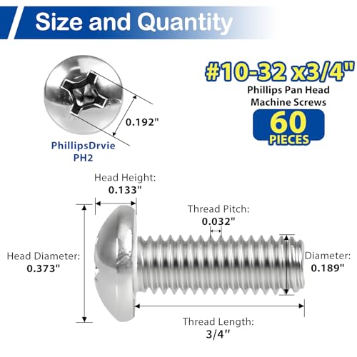 60Pcs #10-32 x 3/4" Phillips Pan Head Machine Screws, UNF Fully Threaded - size: #10-32 x 3/4"