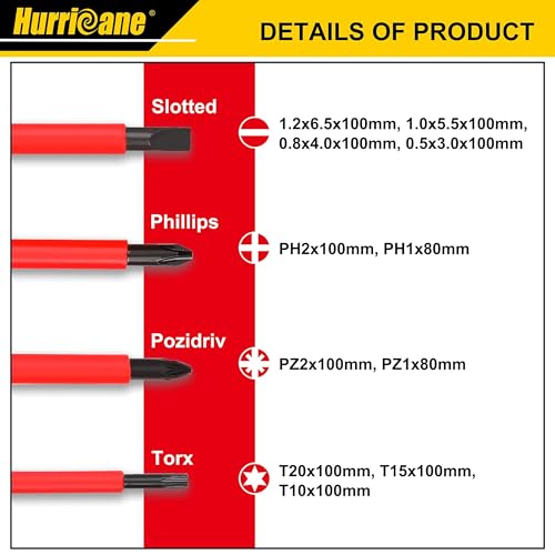 HURRICANE 1000V Insulated Electrician Screwdriver Set, 13 Piece Professional Electrical Screwdriver Set, CR-V Steel Magnetic Phillips Slotted Pozidriv Torx, Insulation VDE & GS Certified Screwdriver - size: 13-Piece Classic Insulated Screwdriver Set