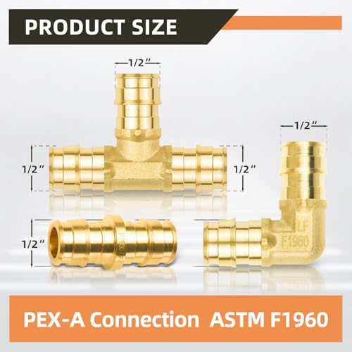 (12-Pack YVSKM) 1/2" PEX-A Fittings Set – 3 Tee, 4 Elbow, 5 Coupling, Lead-Free Brass Full Flow Connector, ASTM F1960 & cUPC Certified for Residential Hot & Cold Water and Radiant Heating Systems - size: 1/2 Inch 12-Pack