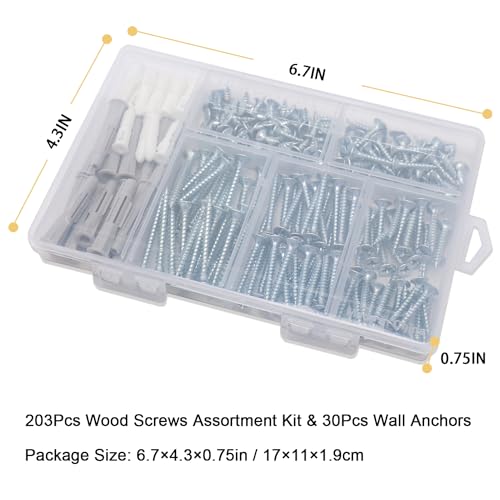 JEGONFRI 203PCS 5 Sizes Wood Screws Assortment Kit & 30pcs Wall Anchors