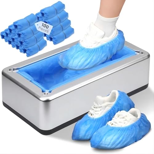 Hands-Free Automatic Shoe Cover Dispenser with 100 Disposable Covers, Heavy Duty Non-Electric Design, Fits Most Shoe Sizes for Home, Office, Clinic & Workshop