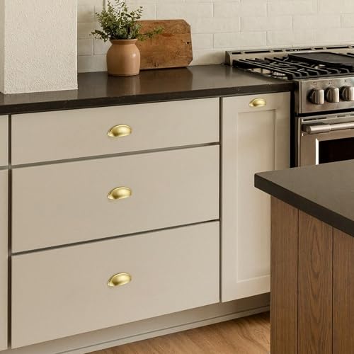Ravinte Brushed Gold Drawer Pulls Cabinet Cup Pulls 3 Inch 10 Pack | Kitchen Hardware, Cup Pull Shape, Cabinet Handles, Drawer Handles, Smooth Drawer Grip,For Dressers, Cupboards - color: Brushed Gold