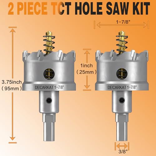 2-Pack 1-7/8" TCT Hole Saws for Hard Metal, Heavy Duty 48mm Tungsten Carbide Tipped Hole Cutters Set with Spring-Loaded Pilot Drill Bits for Stainless Steel, Metal, Iron, and Plastic. - size: 1-7/8" (48mm) X 2Pcs