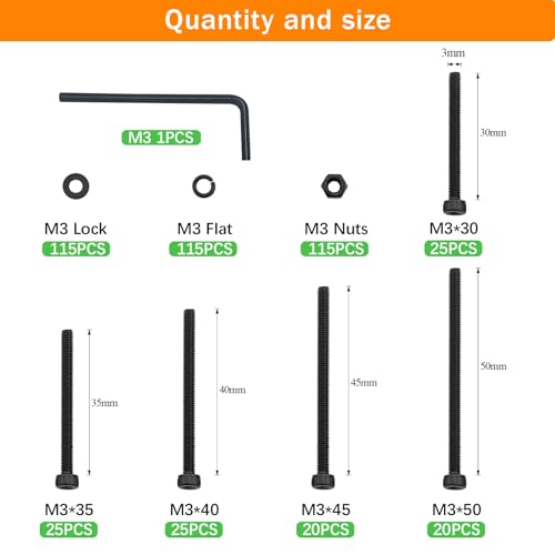461Pcs M3 Socket Head Screws Metric Screws Bolts Washers Nuts Kit - size: M3 x 30mm, 35mm, 40mm, 45mm, 50mm