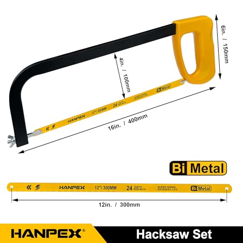 Hanpex 12in. High-Tension Hacksaw Frame with 5pcs Extra Bi-metal Blades, Hand Saw Suitable for Metal, wood, PVC, Carpentry - style: Hacksaw with 5pcs Bi-metal blades