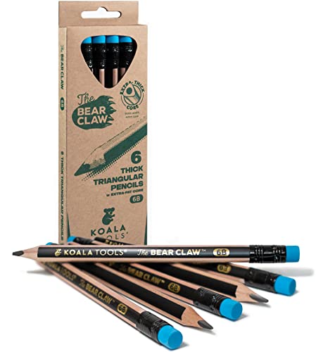KOALA TOOLS | Bear Claw Pencils 1-Pack (6 Pencils) - Fat, Thick, Triangular Grip, Extra-Dark 6B Graphite Core with Eraser - Suitable for Kids, Art, Drawing, Drafting, Sketching & Shading - style: 6B Lead